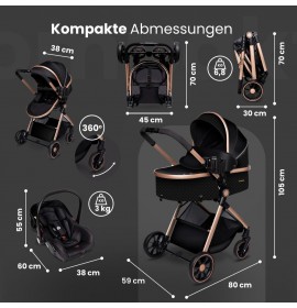 Carucior copii 3 in 1 multifunctional Soho S1 – Black Gold GagaDumi